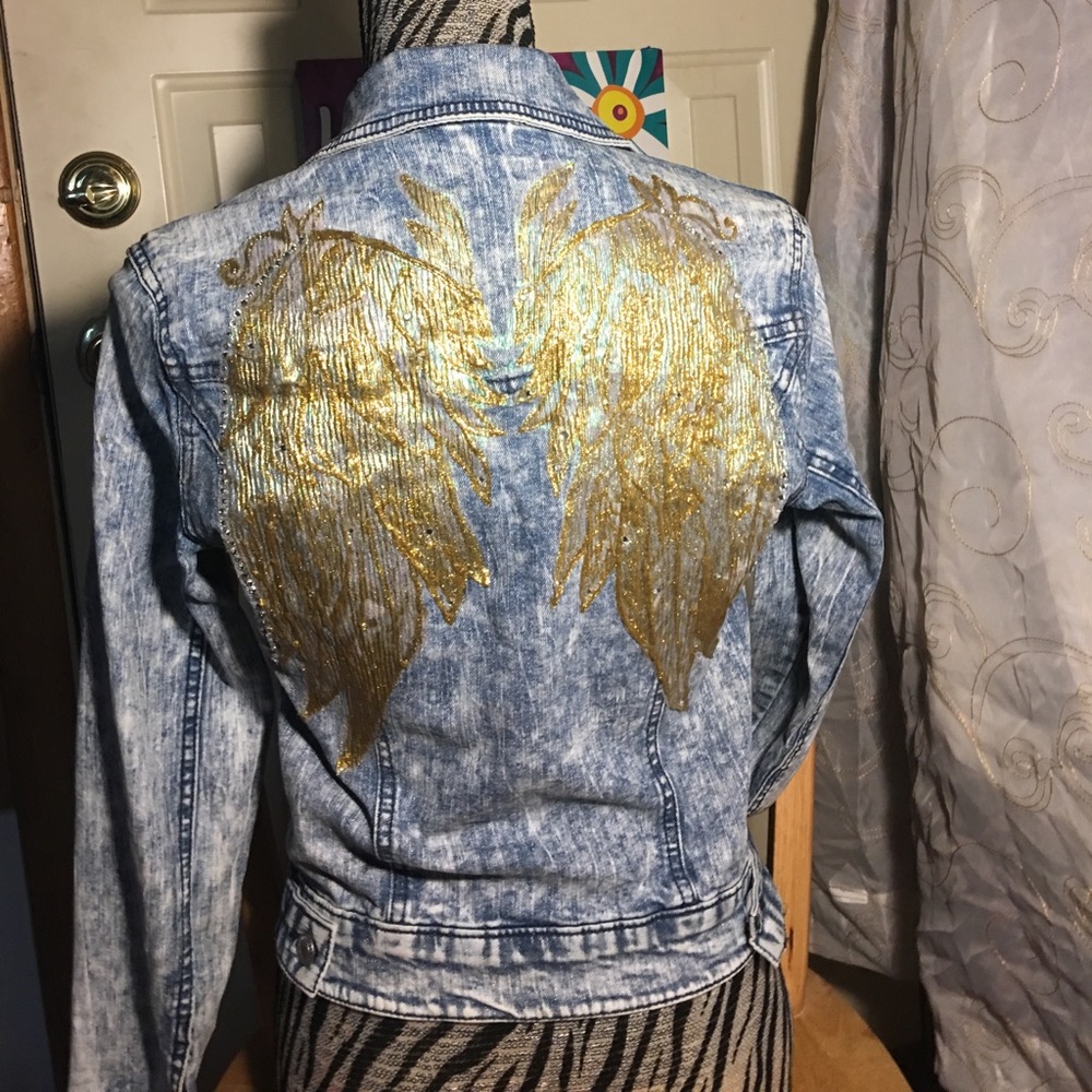 One of a kind golden wings on jean jacket